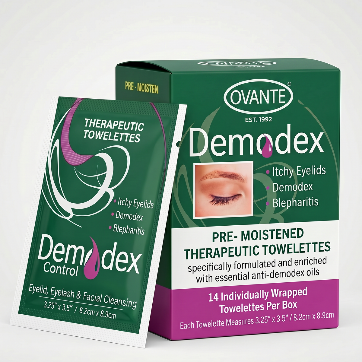Ovante Demodex therapeutic towelettes packaging on a white background